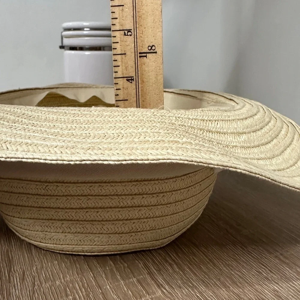 Catherine Malandrino Straw Sun Hat Womens‎ OS Beige White Bow Wide Brim Feminine
